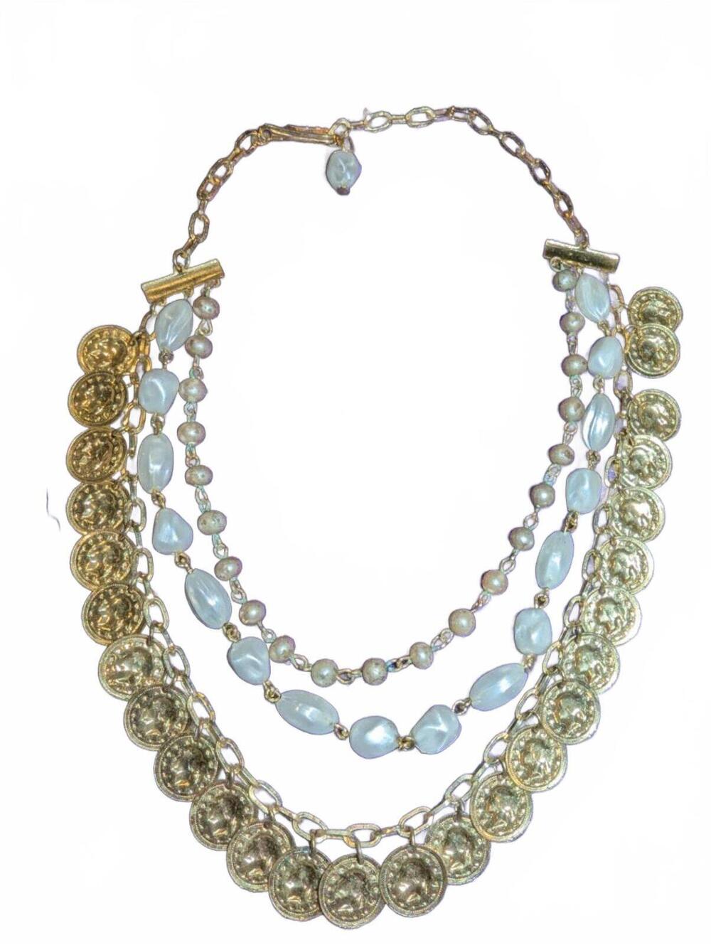 Vintage Multi-Strand Gold Tone Coin and Blue Bead Statement Necklace